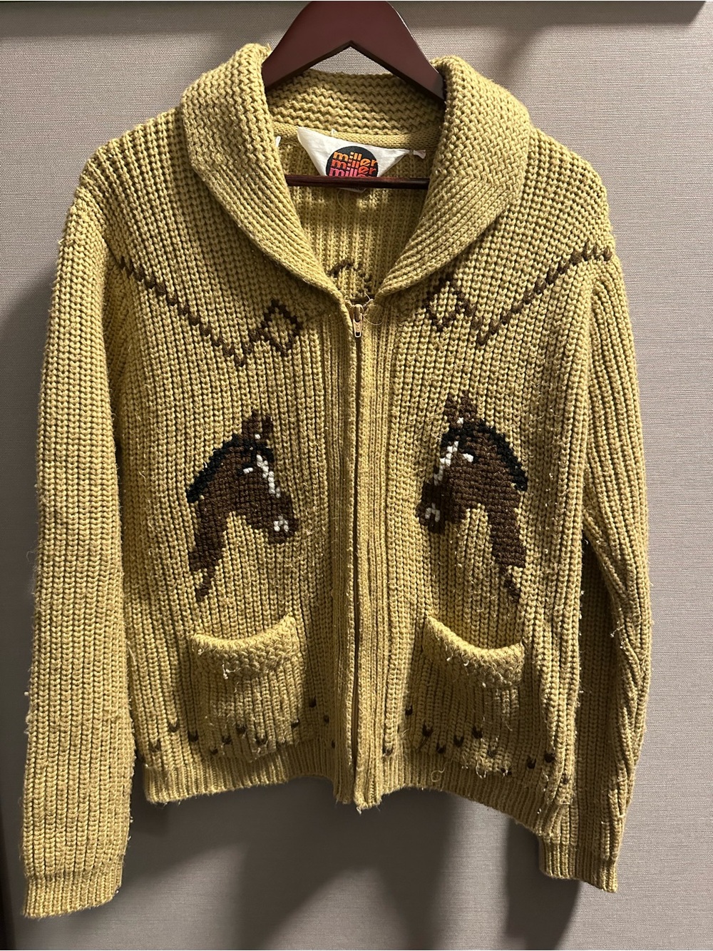 Miller Cowichan Cardigan Mens XL Tan Horse Western Shawl Collar Zip Sweater